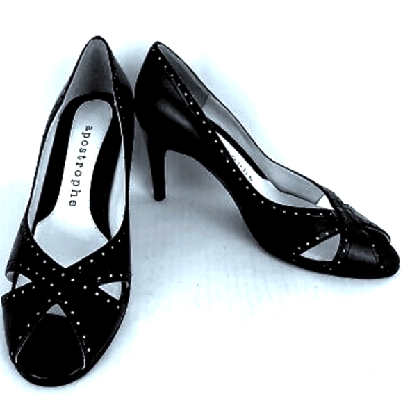 🌷Just In🌷Apostrophe Black Leather Peep Toe Heels - Picture 5 of 8